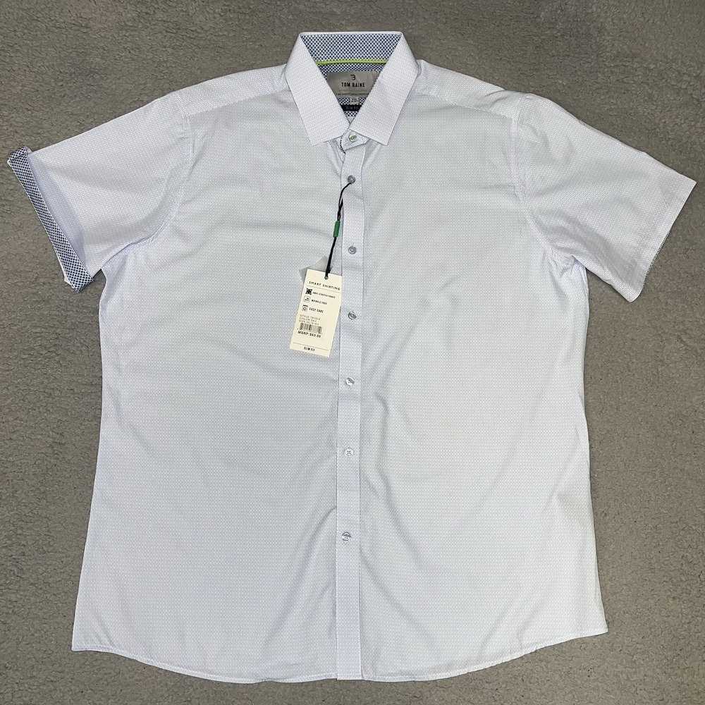 NWT Tom Baine Dress Shirt Men's 2XL XXL Blue Short Sleeve Wrinkle Free Button Up